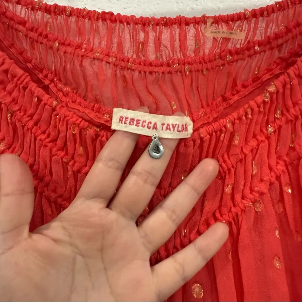 Rebecca Taylor Silk Polka Dot Off The Shoulder Top 4 Red Gold - Image 3