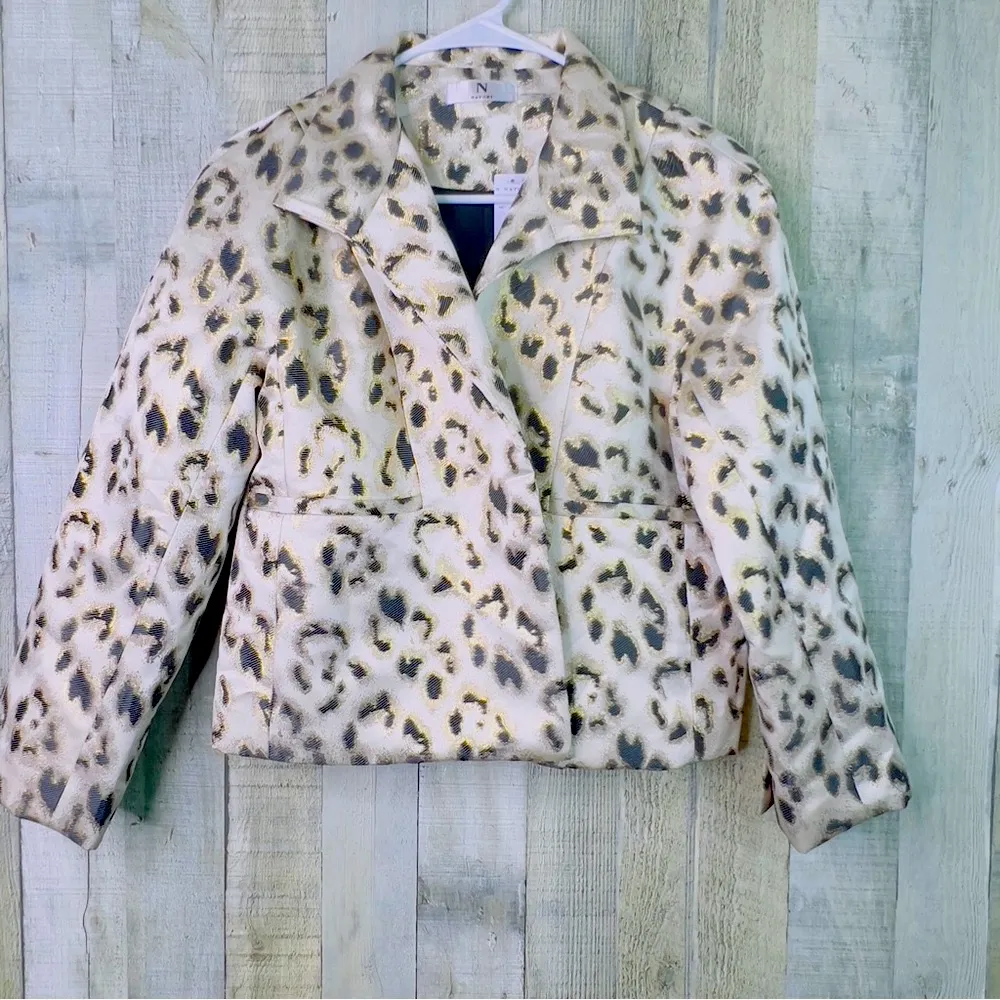 Natori  XS Metallic Leopard Print Open Front Lined Cardigan Jacket Faux Pockets - Image 2