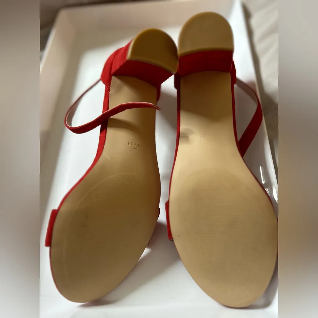 NEW Open Toe Low Chunky Short Heels Ankle Strap Block Wedding Pump 7.5 Red - Image 5