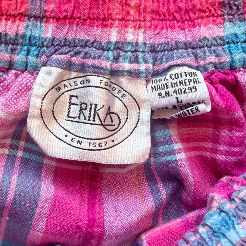 Vintage 90s Erika Madras Plaid Cotton Shorts Pink Aqua High Waist Size L Size L - Image 4