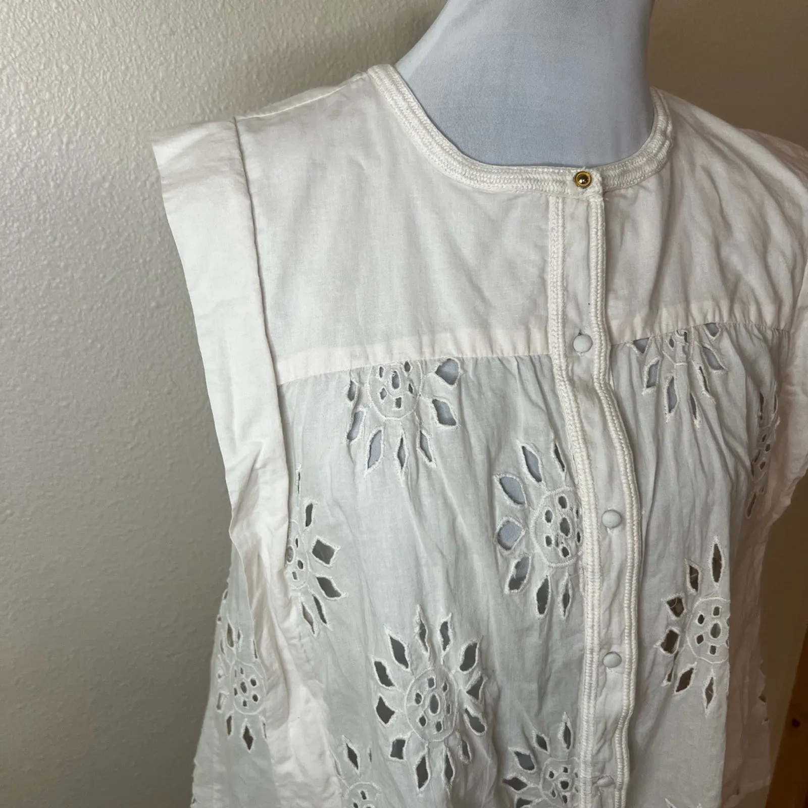 Calypso St. Barth Off White Cream Eyelet Floral Sleeveless Blouse LARGE - Image 3
