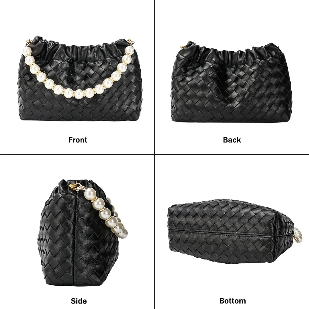 ⚡ Women's Leather Dumpling Pearl Chain Evening Black Crossbody Clutch Bag - Image 7