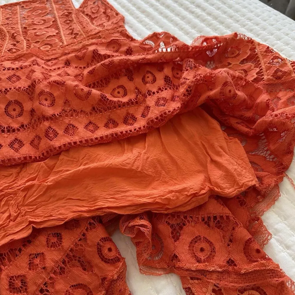 Free People Just Like Honey Orange Asymmetrical Lace Short Dress Sz 6 - Image 8