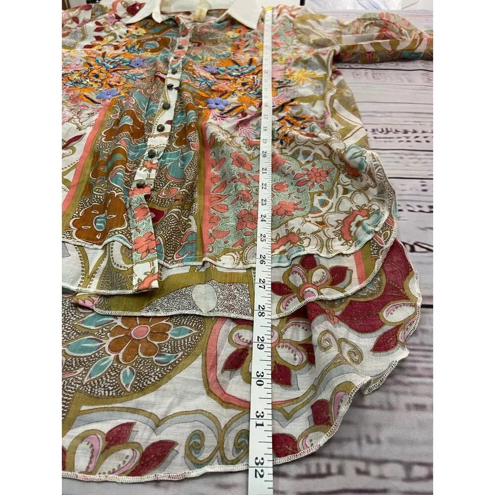 Cyrena Embroidered Button Front Shirt Womens S Floral Beaded Sequin Boho Hi Low - Image 8