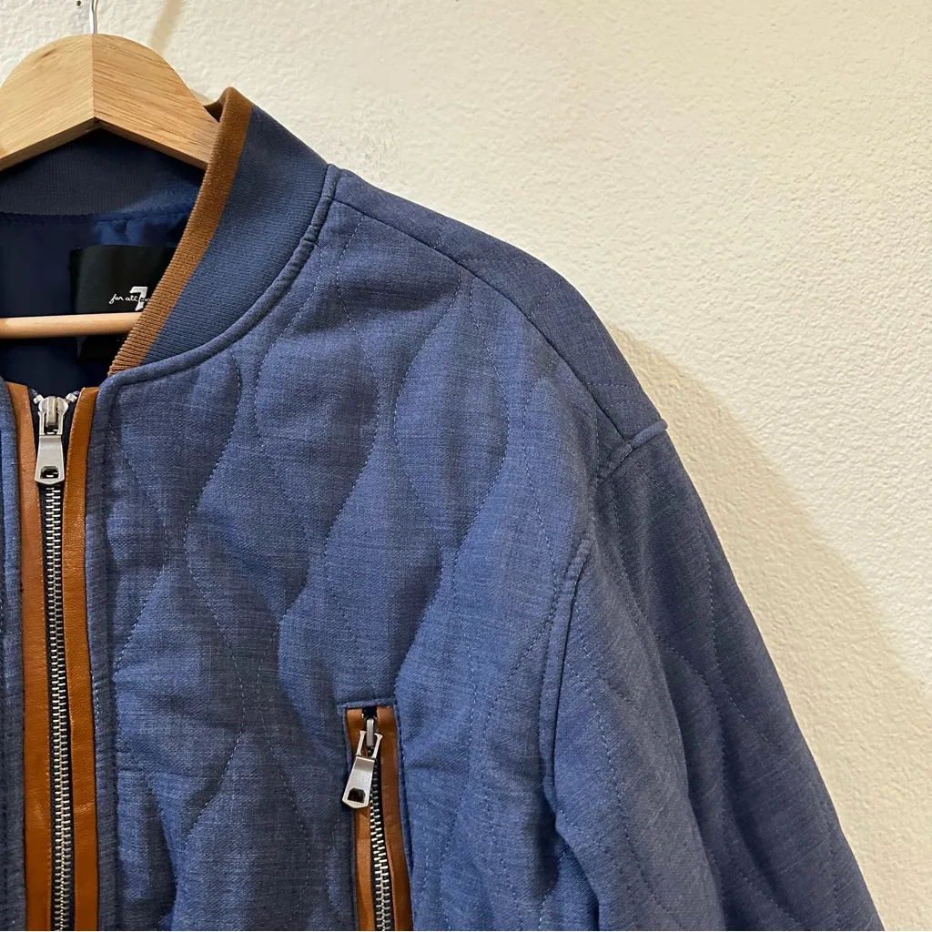 7 For All Mankind Quilted Bomber Jacket Blue Chambray Size Large - Image 6
