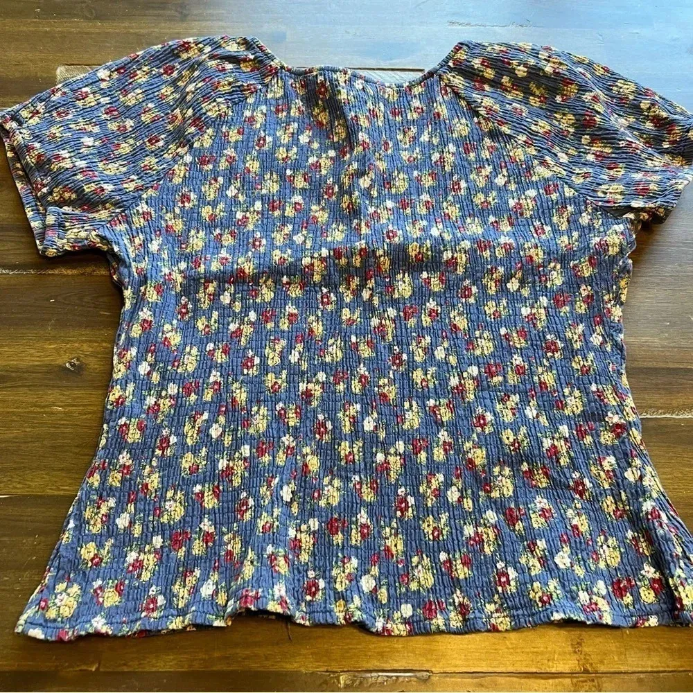Shaver Lake Stretchy Slinky Floral Top Blouse Prairie Cottage core boho Large Blue - Image 6