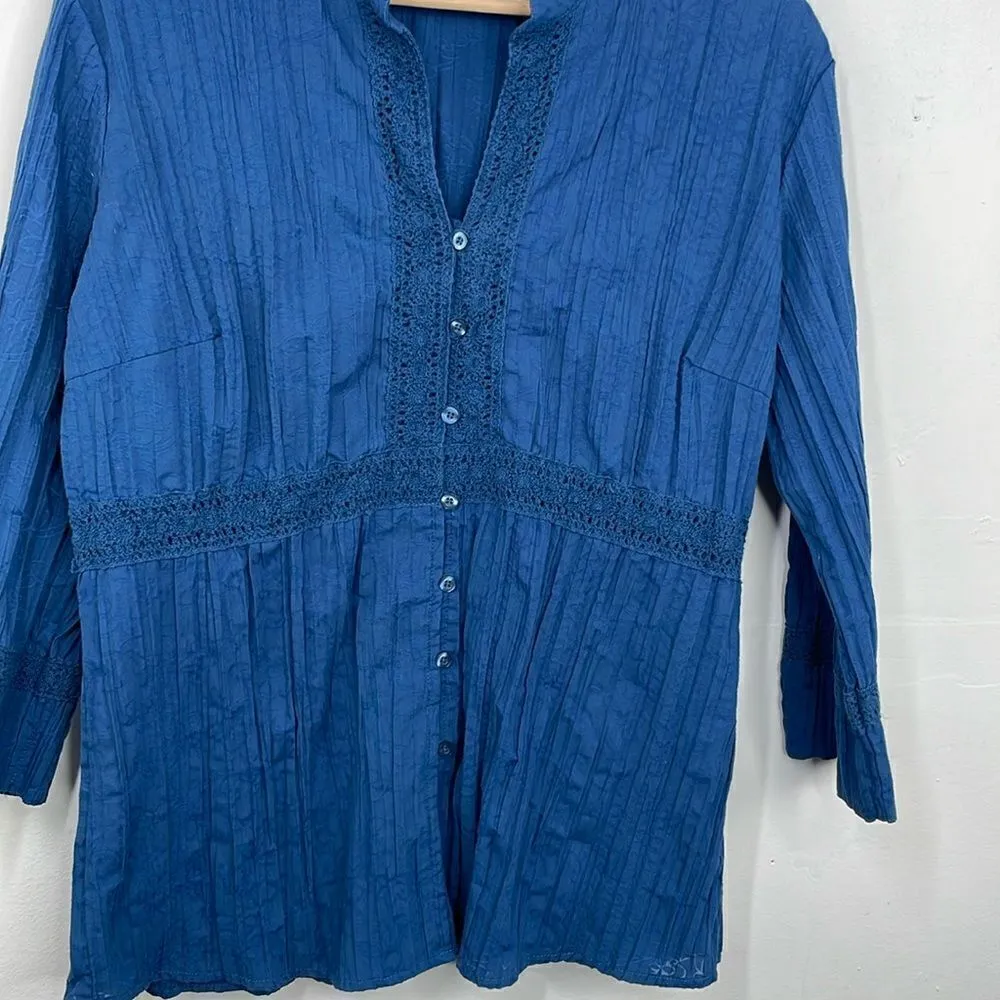 Cottagecore Boho Crinkled Button Down Crew Neck Crochet Detail 3/4 sleeve Large - Image 5