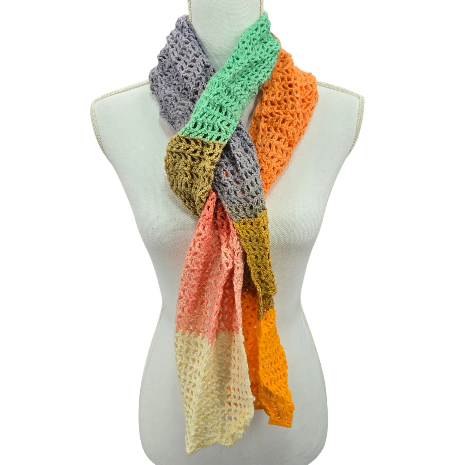 Y2K Vintage Multicolor Chunky Knit Cottage Granny Swan Cozy Wrap Shawl Scarf OS Orange - Image 3