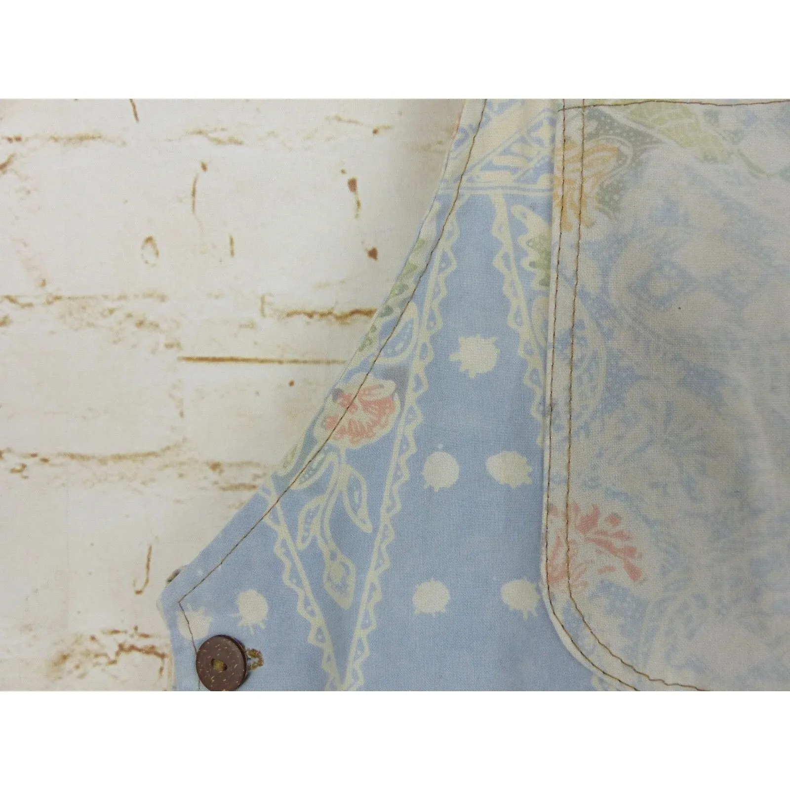 Boho Printed Shortall Women XS Ivory Blue Floral Paisley Bali Batik Home Cottage - Image 9