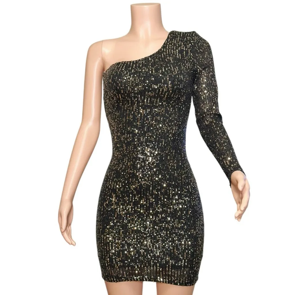 NOOKIE Fortune One Shoulder Sequin Mini Dress, Black/Bronze, XS - Image 11