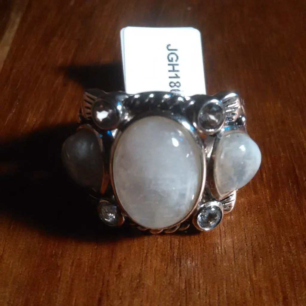 White Rainbow Moonstone Three Stone Sterling Silver Ring (Size 7) - Image 9
