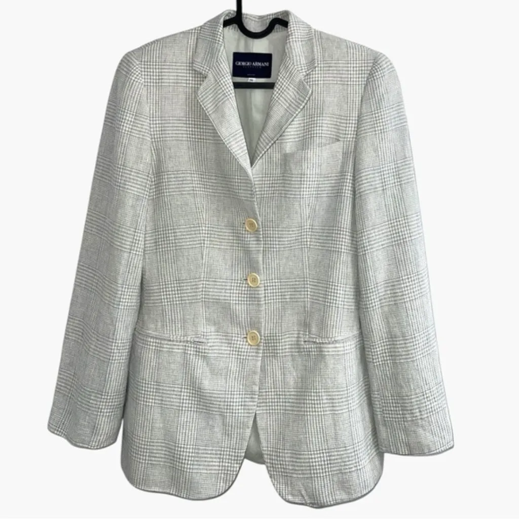 Vintage Giorgio Armani Off-White Check linen Single Breasted Structured Blazer S - Image 1