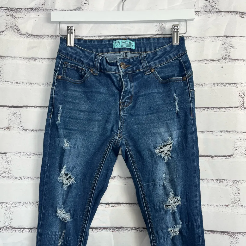 Wax Jean “Butt, I Love You” Distressed Skinny Jeans Dark Wash Women’s 3 Low Rise - Image 5