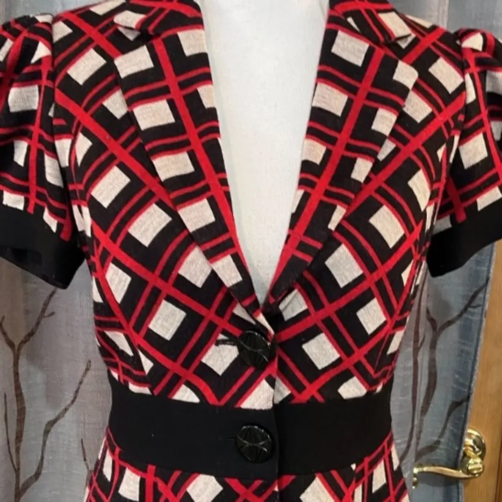 Vtg Y2K DVF Geometric Short Puff Sleeve Blazer Jacket Wool Knit Red Black Peplum - Image 3