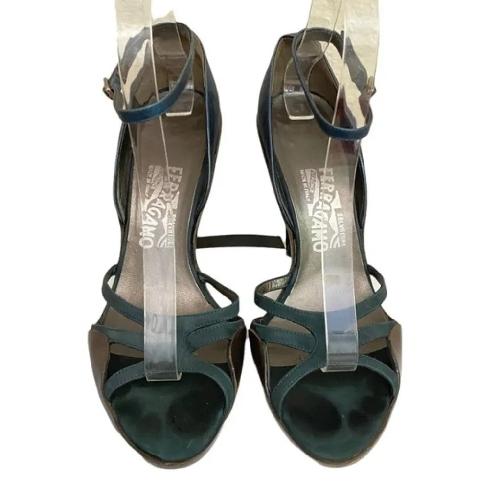 Salvatore Ferragamo Leather Metallic Gray and Teal Ankle Strap Heels Size 7.5 - Image 3