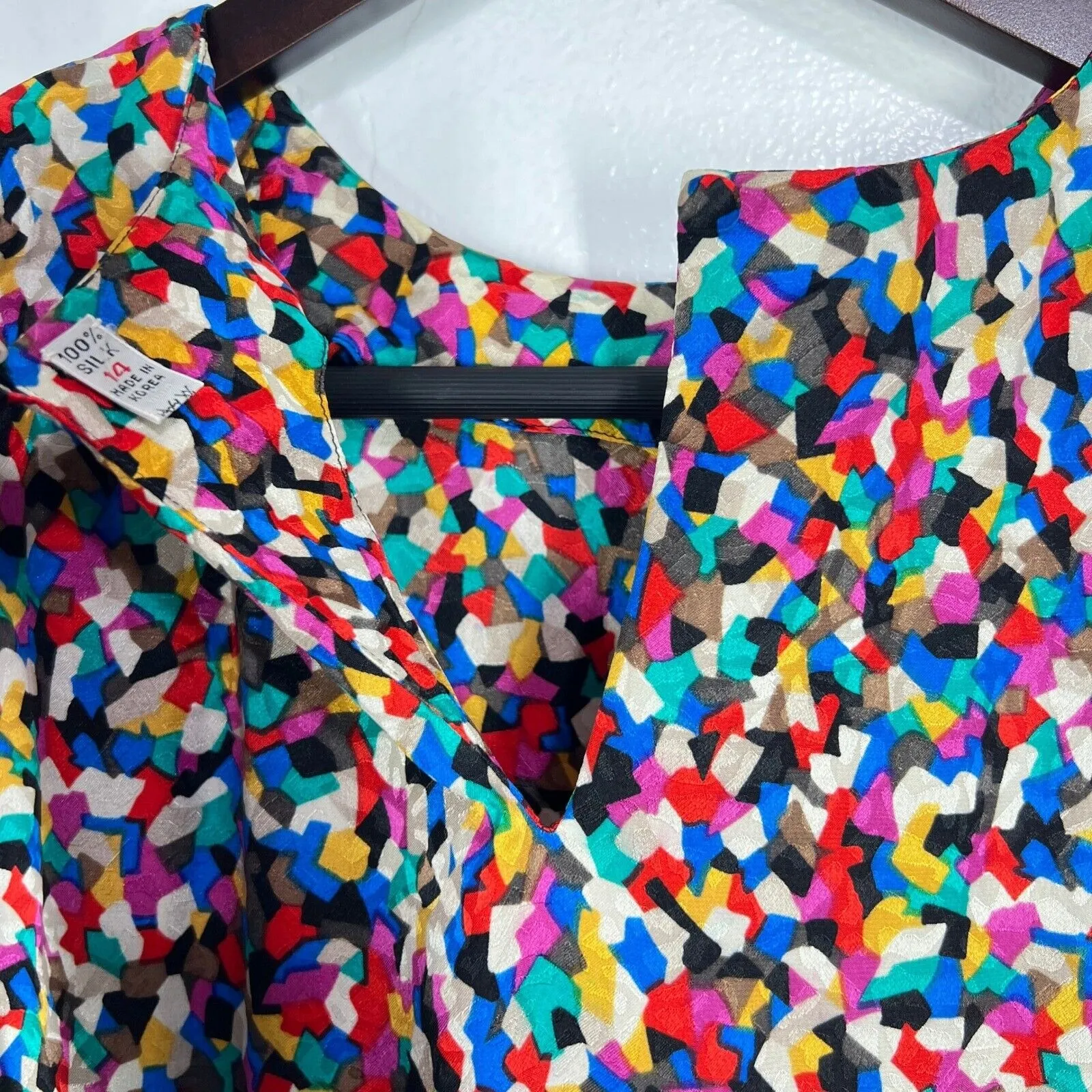 Vtg. Adrianna Papell 100%‎ Silk Midi Dress 14 Colorful Print Puff Sleeve Belted - Image 7