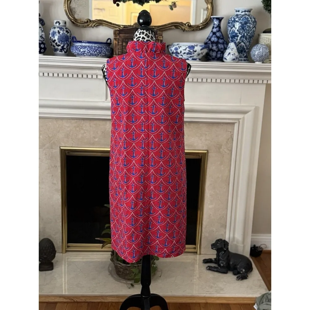 Talbots Red Blue Novelty Anchor Print Ruffle Neck Shift Dress Size 6 Gold Button - Image 2