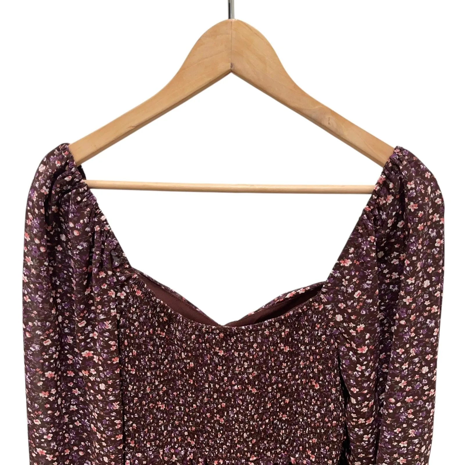 LUSH Boho Smocked Sweetheart Milkmaid Dress in Brown Berry Floral - Image 9