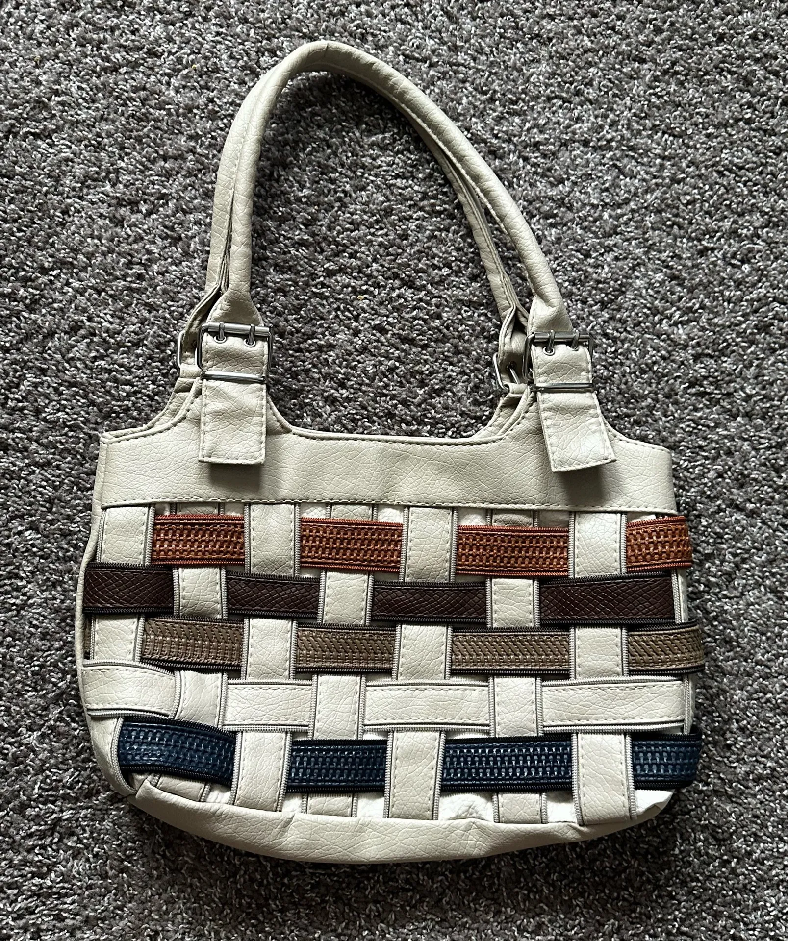 Vintage Off White Woven Zipper Panel Handbag Textured Artisan Purse Tan - Image 1