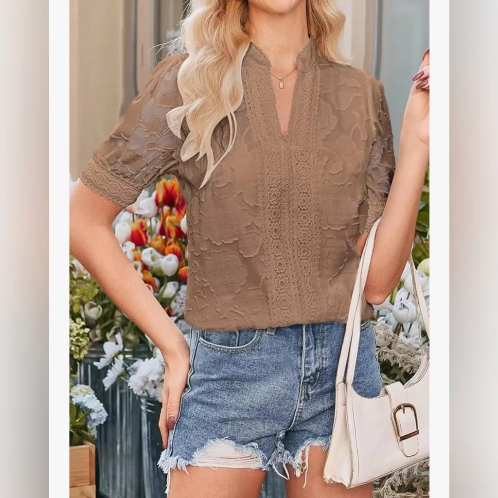 NEW Lace Dressy Casual Short Sleeve V Neck Shirts Elegant Career Blouse S Tan - Image 7
