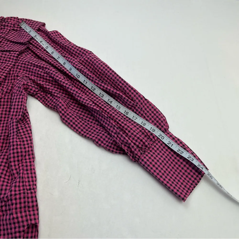 Ganni Seersucker Check Pattern Ruffle Top Women Size EU 38 Medium Pink Black NEW - Image 12
