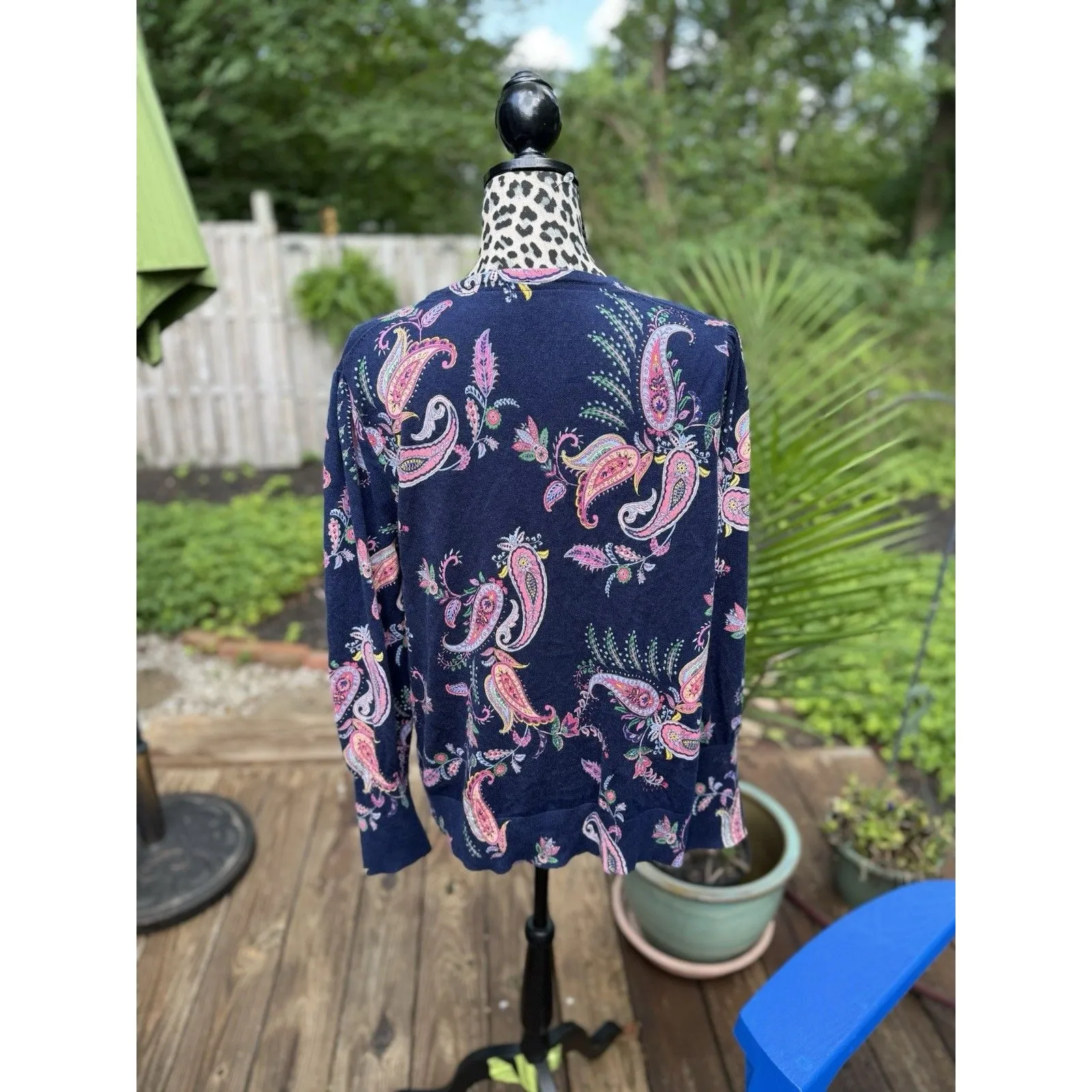 Talbots  Lightweight Sweater XL Blue Shadow Paisley Cotton Blend Crew Neck READ - Image 2