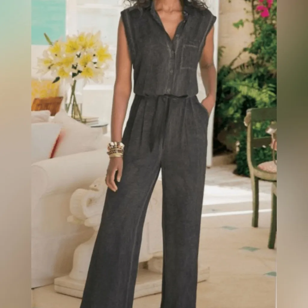 Soft Surroundings Camilla Jumpsuit Front Tie Button Grey Wide Leg Relaxed Med - Image 5
