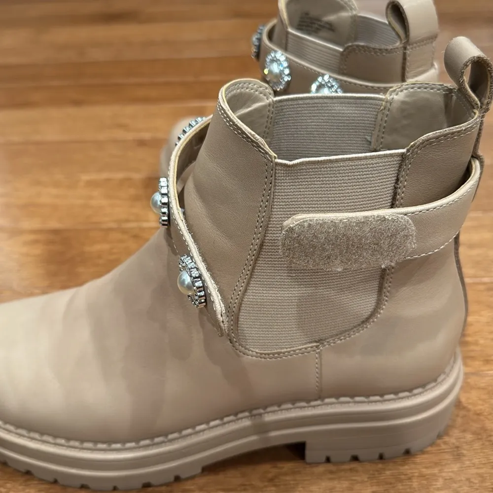 Copper Key Pearl Rhinestone Tan Leather Slip-on Chelsea Ankle Boots Booties - Image 7