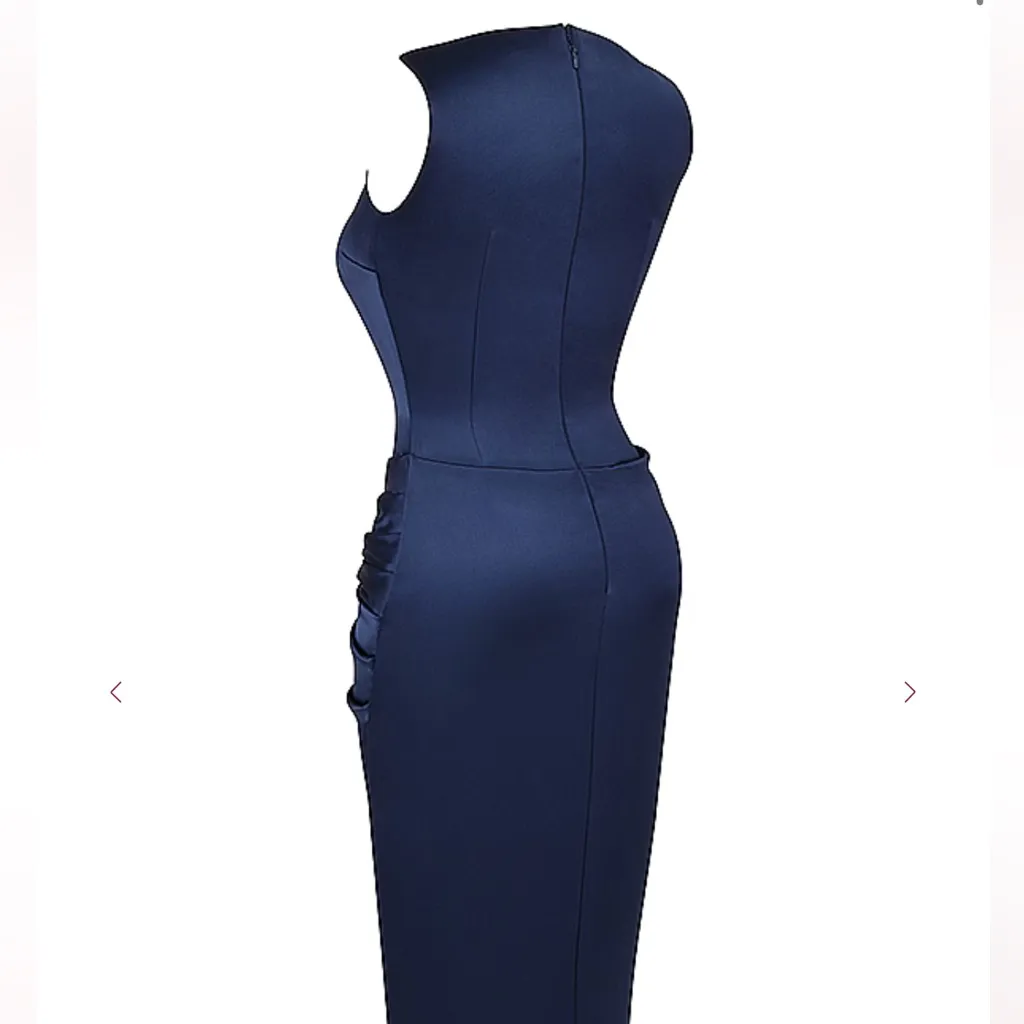 House of CB ROXANNE Navy Thigh Slit Maxi Dress XS Silk Navy Satin Gown Sold out - Image 3