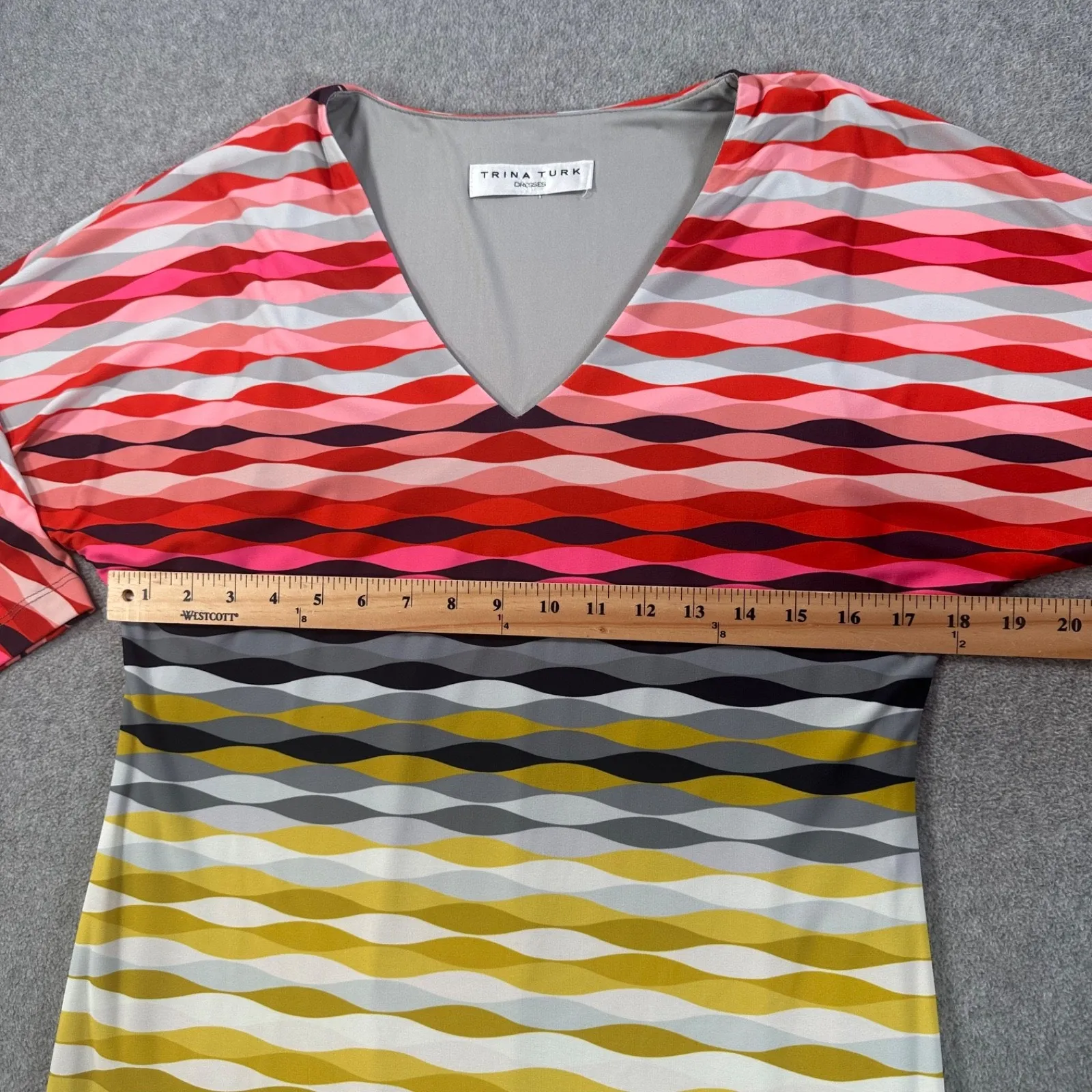 Trina Turk V-Neck Wavy Lines Dress Red Gray Yellow TD14R503 Pullover No Size Tag - Image 6