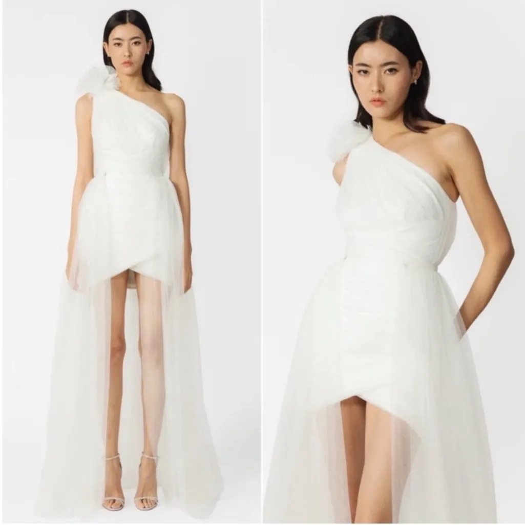 Sau Lee Sidney White Tulle Mini Dress with Detachable Train Wedding Bridal Sz 12 - Image 3