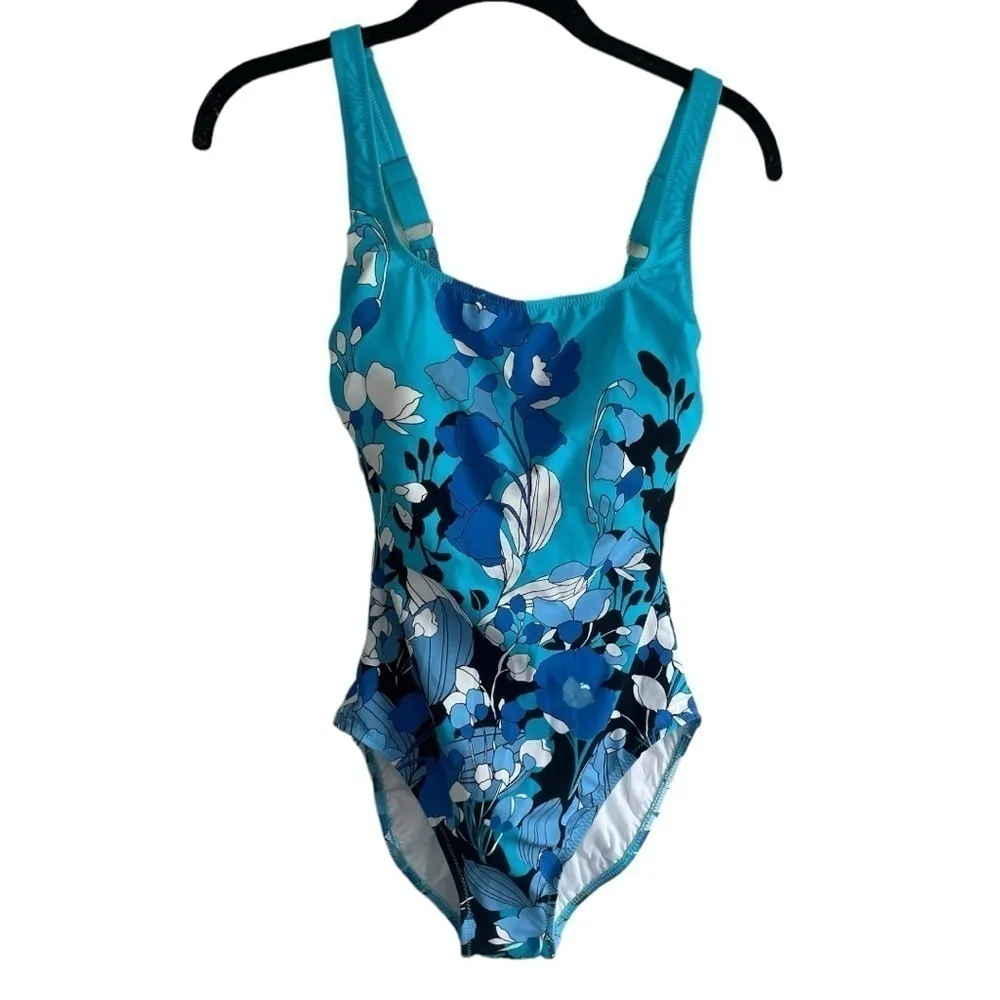 Gottex Floral Art Square Neck One Piece 8 Blue Floral‎ Swimsuit - Image 5
