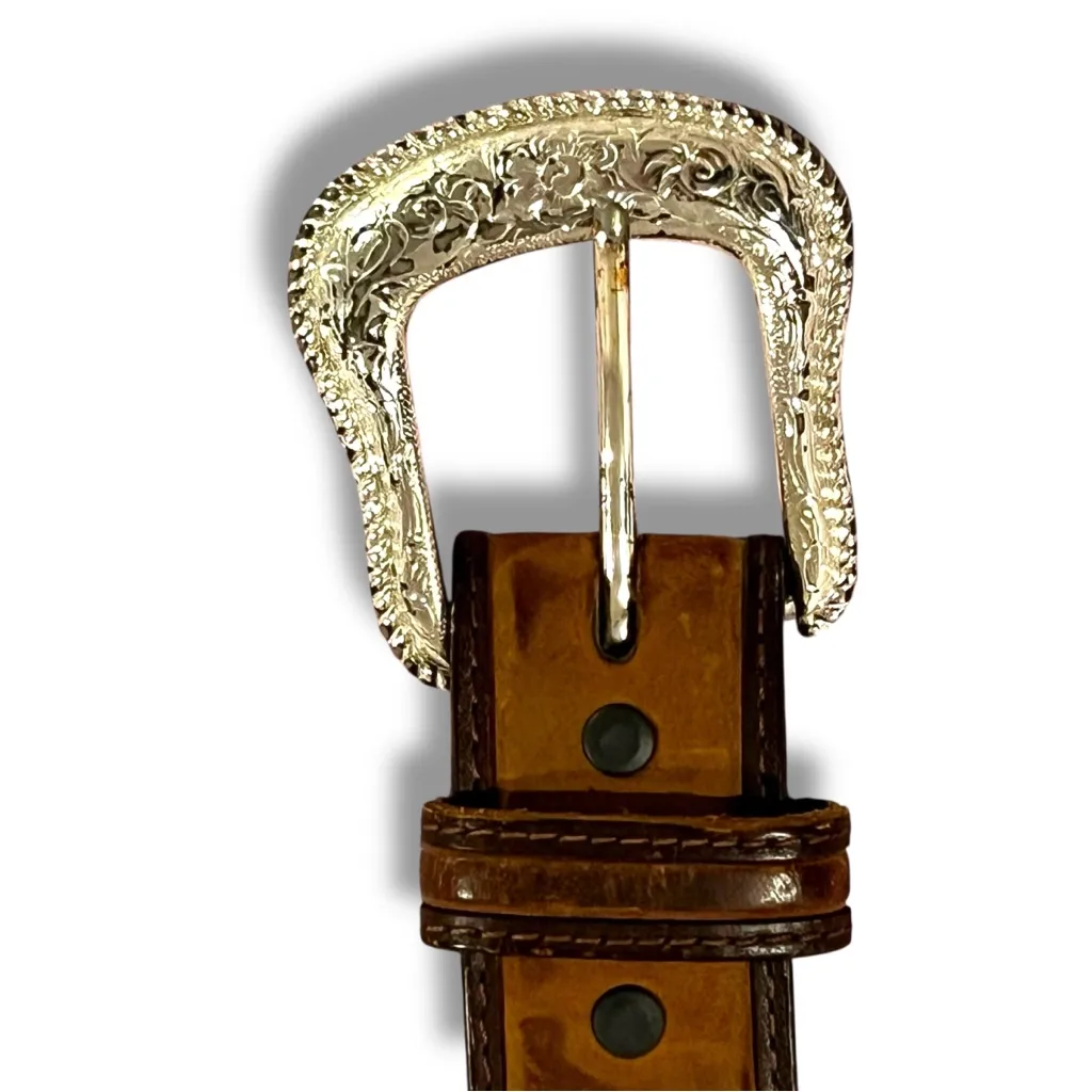 Tan Brown Leather Western Belt Silver Tone Buckle Embroidered Starbursts 3 - Image 3