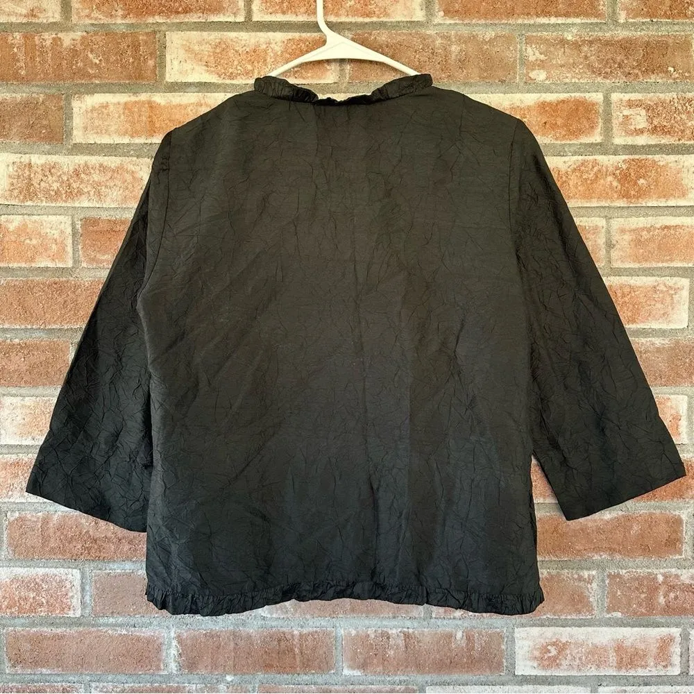 Eileen Fisher Black Button Up Crinkle Textured Style Blouse Silk Women’s XS - Image 6