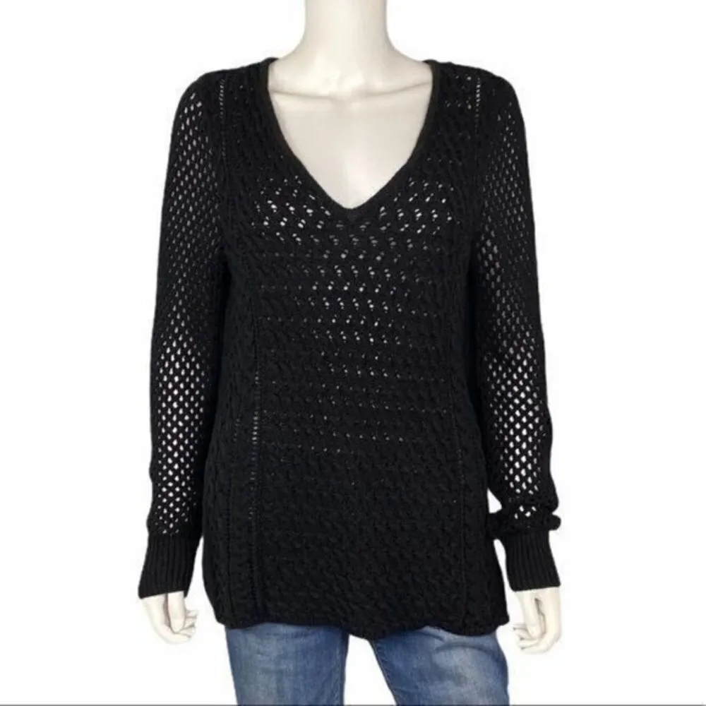 Bar III Black V Neck Knit Sweater Sheer Back Overlay Long Sleeve Goth Womens L - Image 2