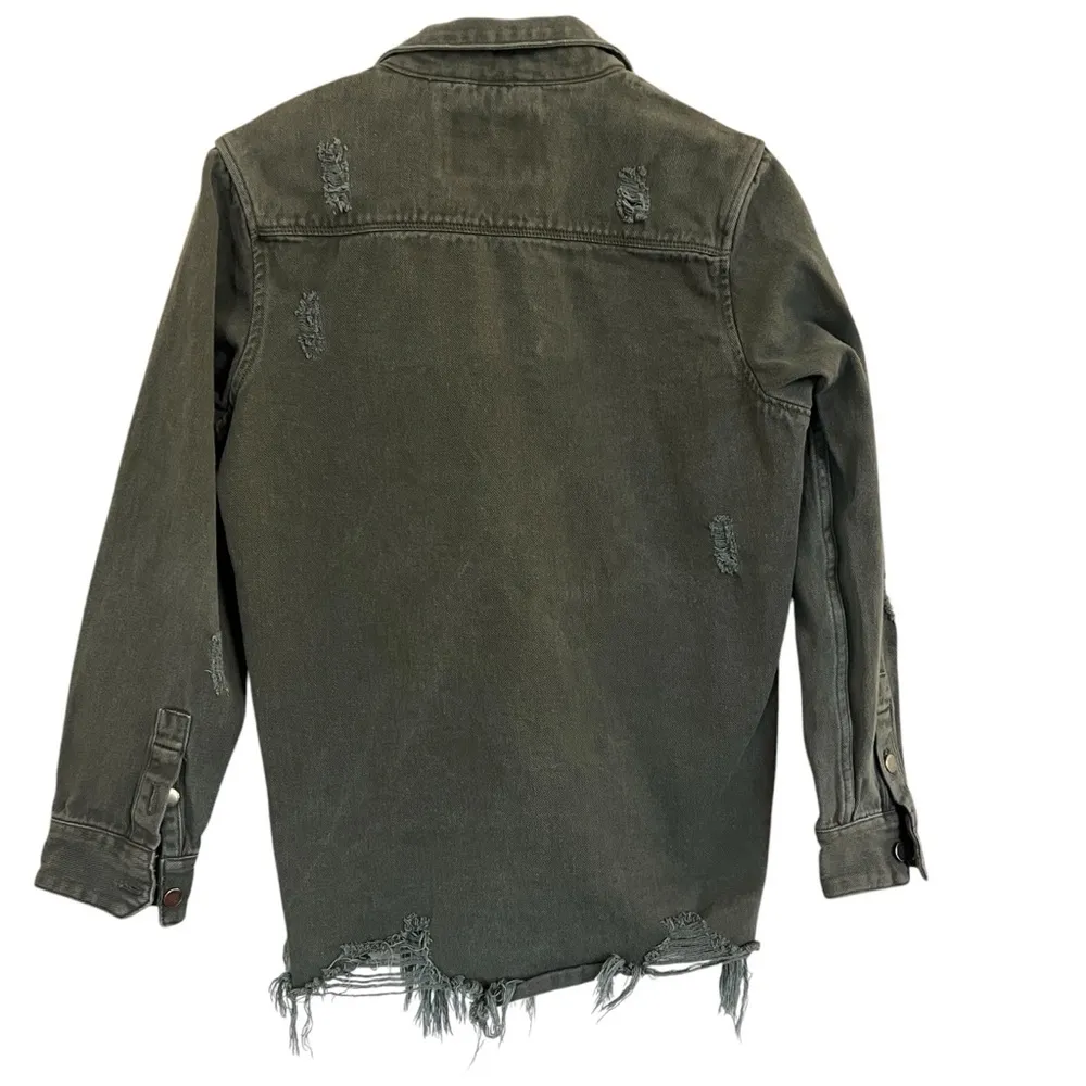 American Bazi Army Green Button Down Distressed Denim Jacket Size S - Image 5