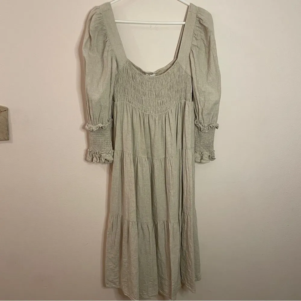 Girl And The Sun Beige Cottage Prairie Midi Dress Linen Blend Size Medium - Image 3