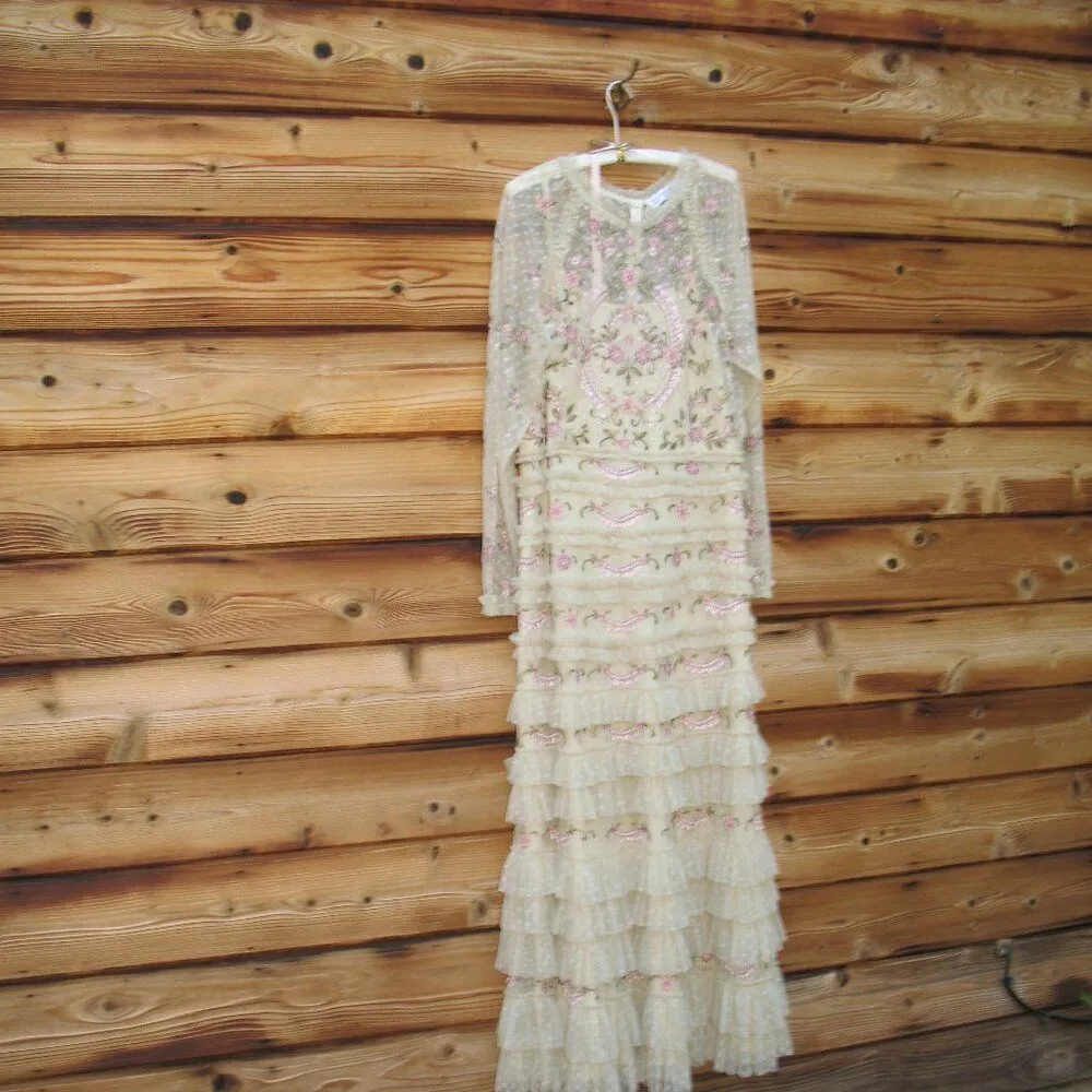 MAC DUGGAL 8030  Mesh Polka Dot Long Sleeve Floral Ruffle Tired Gown Dress - Image 8