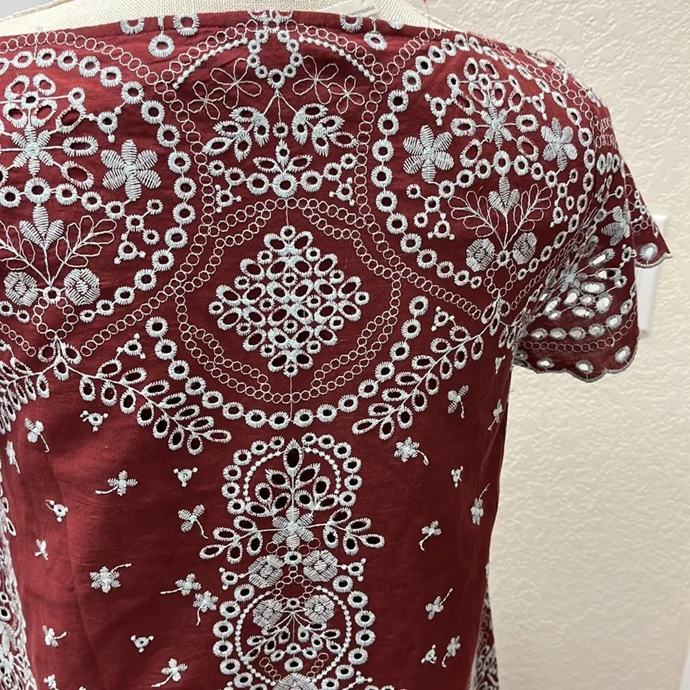 Anthropologie Feather Bone Maroon with Blue Embroidery Ruffle Dress XS - Image 8