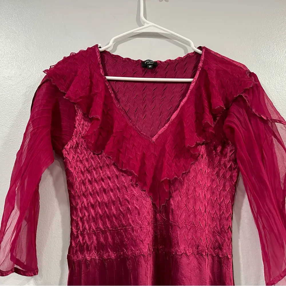 Komarov Flutter Sleeve Chiffon Charmeuse Midi Dress Cranberry Medium M - Image 5