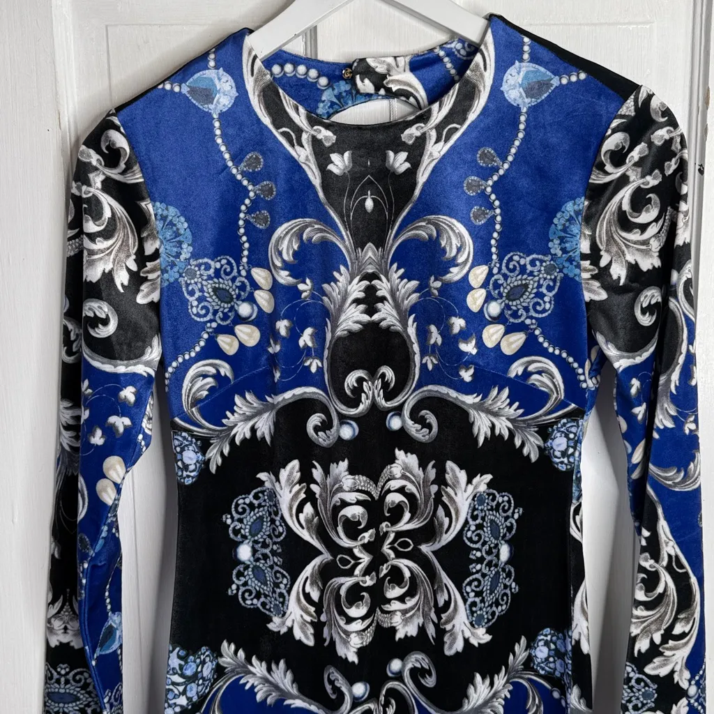 Tyler Boe Dana Velvet Patterned Sapphire Combo Midi Pencil Dress NEW W2013 Sz XS Blue - Image 4