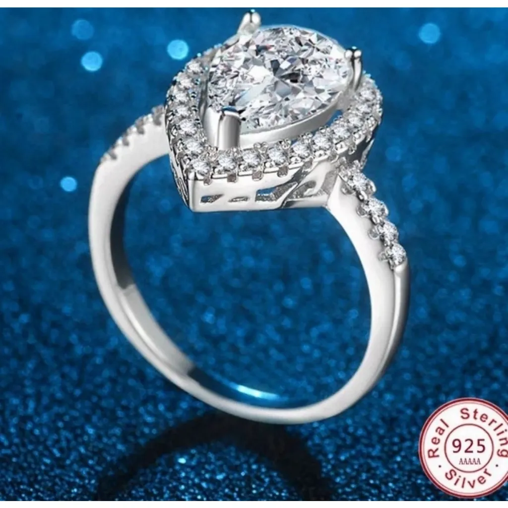 NEW 3‎ Carat Platinum 925 Sterling Silver Pear Halo Engagement Ring, Size 7 - Image 3