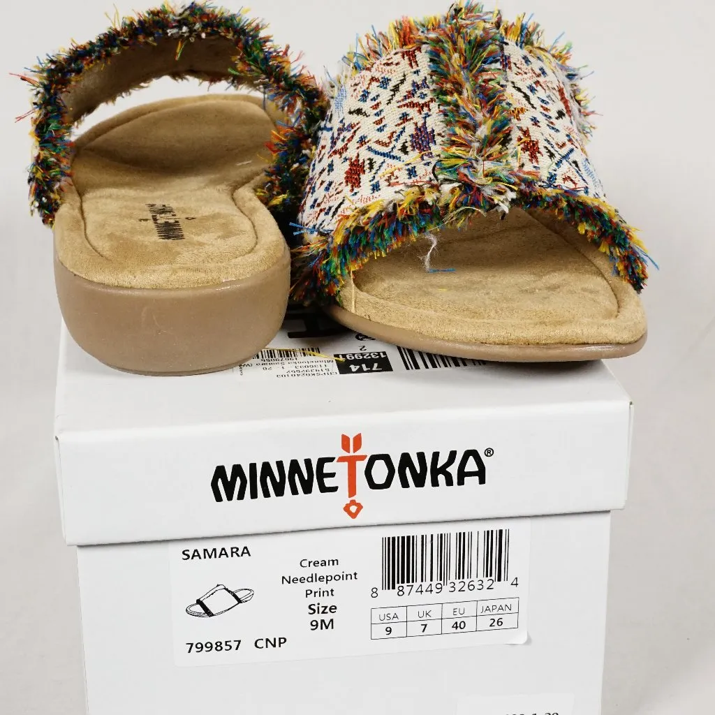 Minnetonka SAMARA Frayed Fabric Slide Sandal Cream Tribal Aztec Size 9 M NIB!! - Image 2