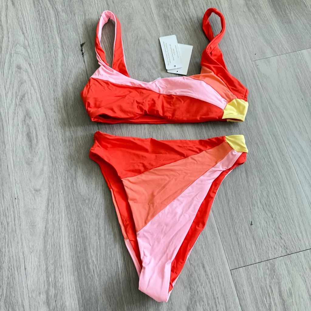 L*Space Sunburst Colorblock Bikini Set Red Pink Yellow Top & Bottom Size M - Image 2