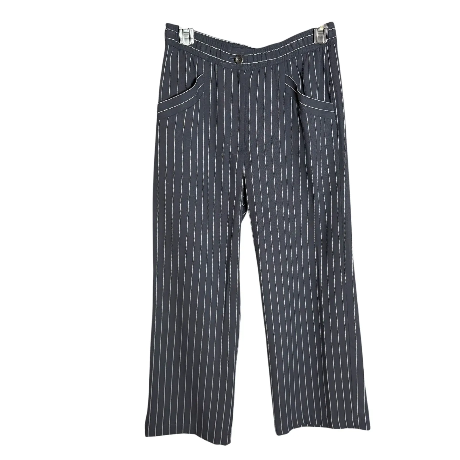 Eileen Fisher Pinstripe Wide Leg Cropped Pants Womens XXS‎ Tencel Navy White - Image 2