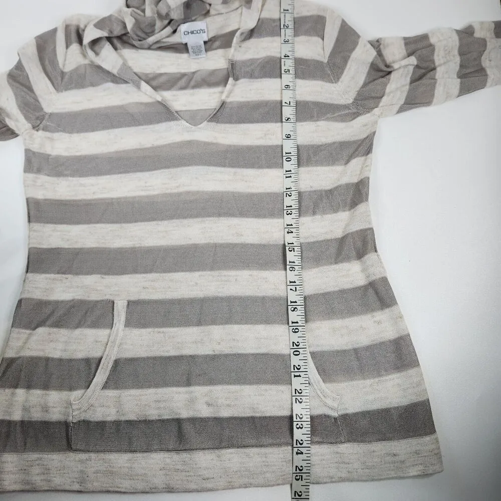 Chicos Striped Hooded V Neck Lightweight Shirt Top Tan Gray Size 1 Linen Blend - Image 8