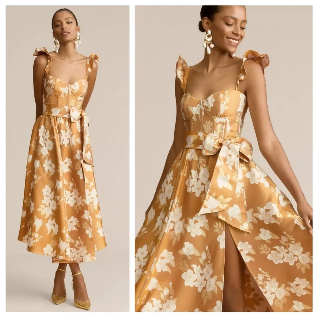 NWT V. Chapman Vera Ruffle Strap Corset Side Slit Midi Dress Gold Floral Sz 14 - Image 3