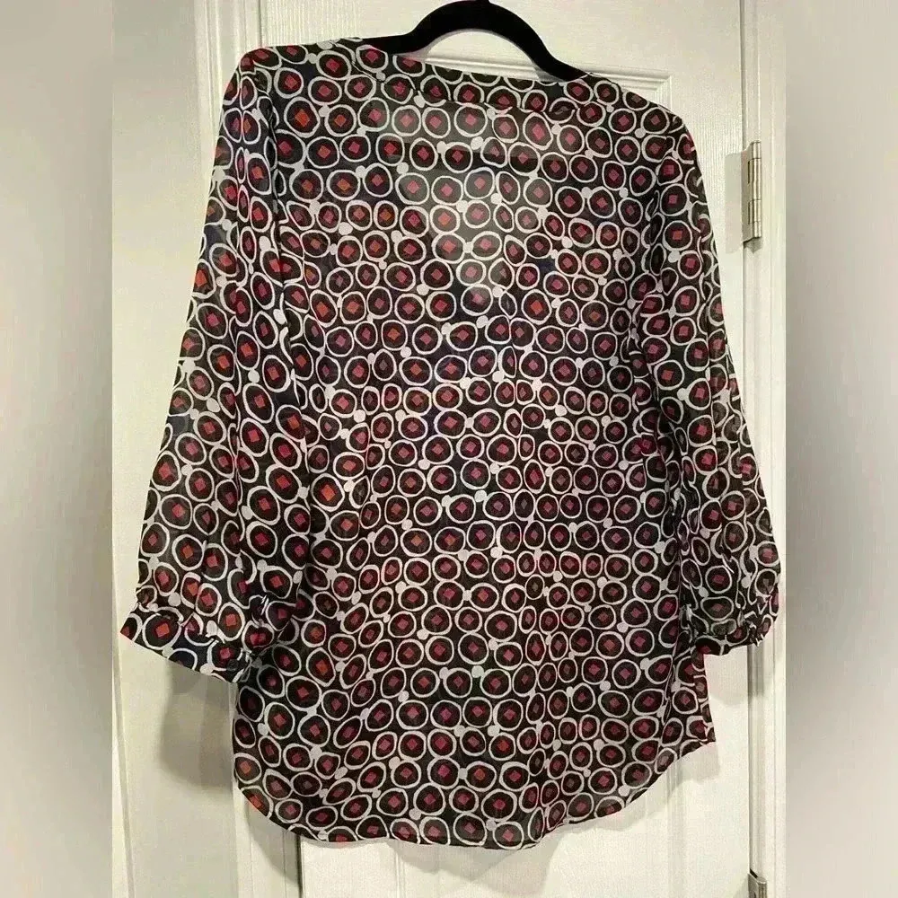 Limited Navy Blue Geometric Sheer V Neck Smock Collar 3/4 Sleeve Blouse Size M - Image 7