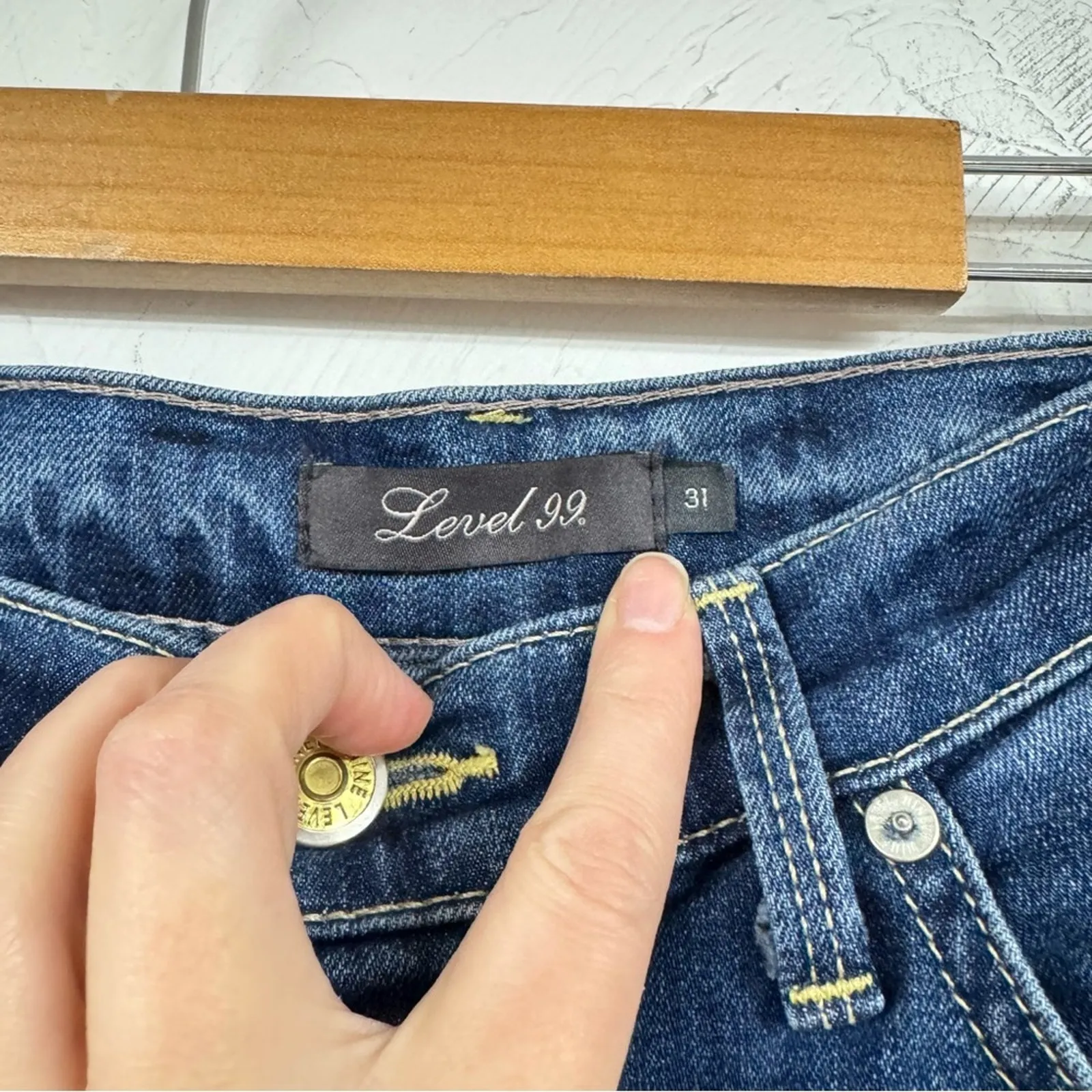 Level 99 Button Fly High Rise Skinny Jeans Womens 31 Blue Denim Anthropologie - Image 7