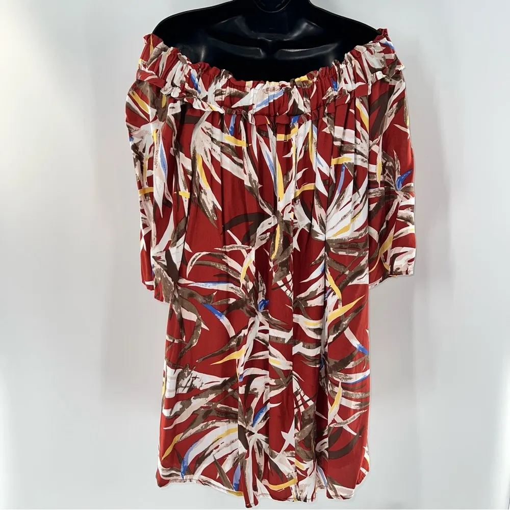 Entro Off the Shoulder Tropical Floral on Rust Swing Dress w/3/4 Sleeves-Size S - Image 5